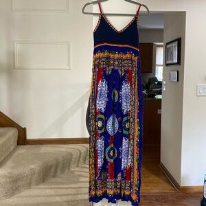 Anthologies RAGA bohemian hobo maxi dress knitted top blue red multi print XXSP